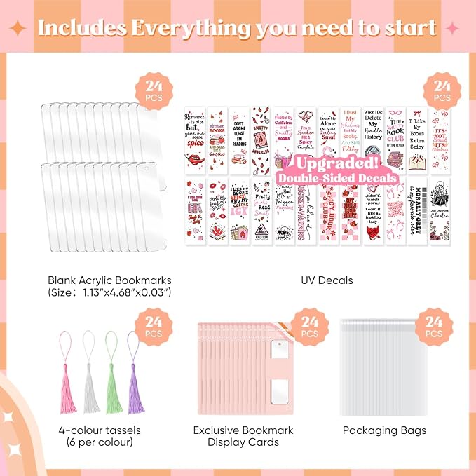 Kaciola 24 Acrylic Bookmark Blanks with 24 UV DTF Stickers About Smutty Theme and 4 Colors Tassels,Blank Bookmarks UV DTF Transfers Stickers for DIY Crafts Hanging Tag Gift Bookmarks DIY