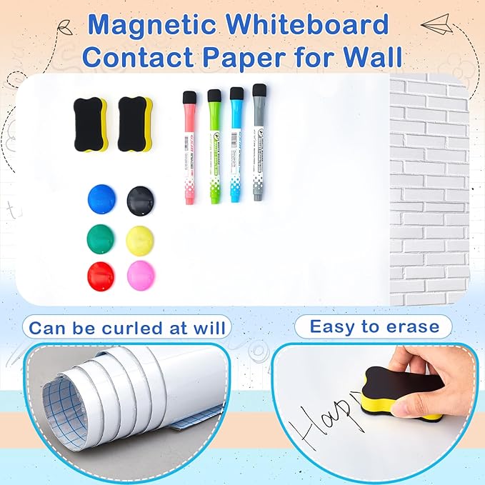 Pasimy Magnetic Dry Erase Board Whiteboard Paper 48" x 60" Large Self Adhesive Whiteboard Sticker for Wall Easy to Write Clean with 4 Markers 2 Eraser 6 Pin Magnets for Office Kids Home Fridge