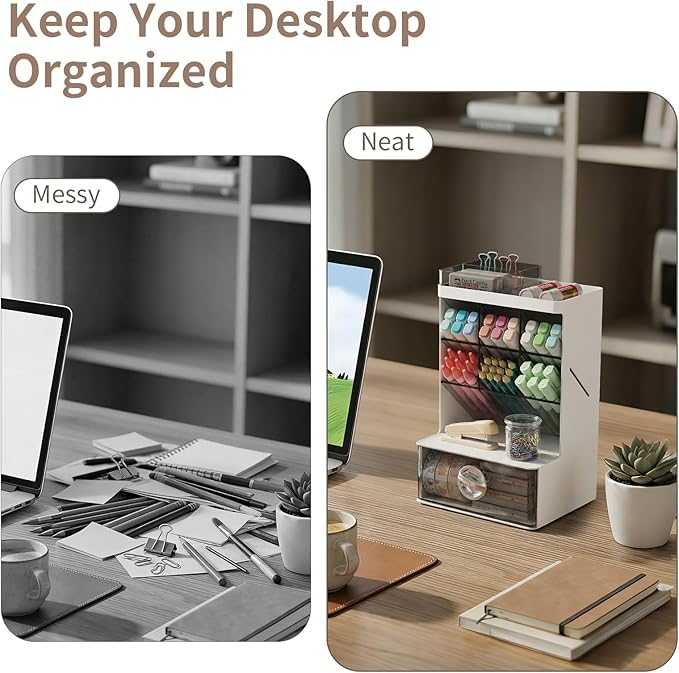 Office Desk Organizer with Drawer, 6 Compartments Pen Holder for Stationery & Craft, Multi-Purpose Art Supply Organizers Pencil Holder for Desktop, Vanity, Bathroom, Pantry & Home Storage