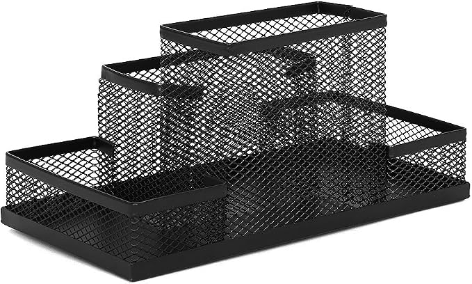 Mesh Desk Organizer for Office Mesh Pen Holder with 4 Compartments Desktop Stationery Holder Office Supplies Caddy with Sticky Notes Holder Mesh Basket Organizer Storage Black Mesh Pencil Holder
