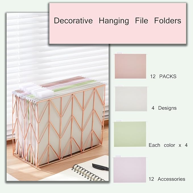 12 piece Hanging Color Folder, Cute File Cabinet Storage Box, Decorative Hanging Letter Sized Folder, 1/5 Cut Adjustable Label Decoration for Home Office, School Classroom, 4 Colors