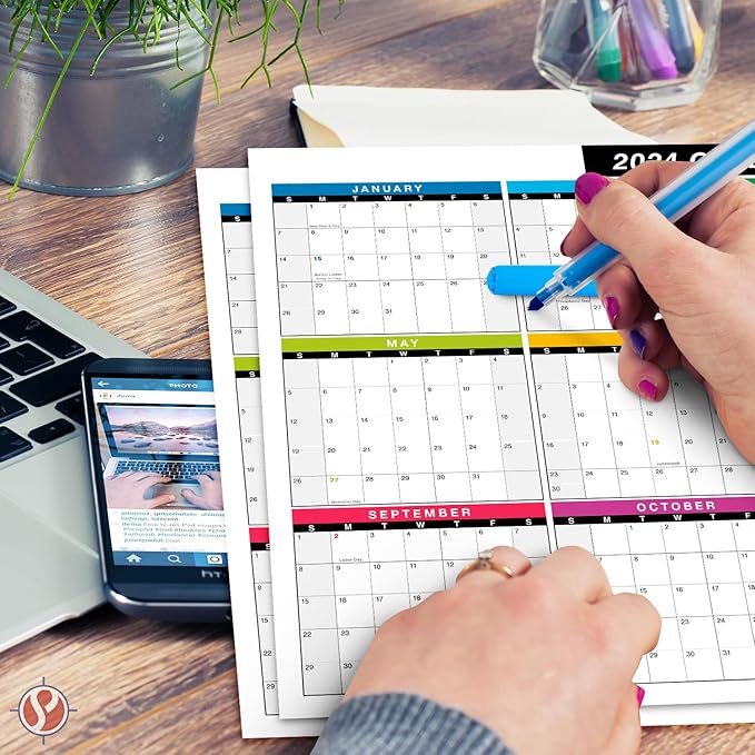 2024 Full Desk Calendar - 11 x 17” Large Size 12 Month Planner - 2 Sided Vertical/Horizontal Reversible - Printed on Thick & Durable 80lb Cardstock (216 gsm) - 2 Per Pack