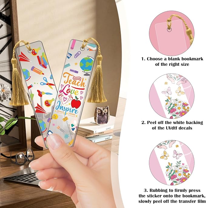 AFRITEE UV DTF Bookmark Wraps - 24 Sheets Boho Teacher Acrylic Bookmark Blank UV DTF Stickers, Book Pencil UV DTF Transfer Sticker Double-Sided Decals DIY Blanks Bookmarks Decor Gift for Teachers