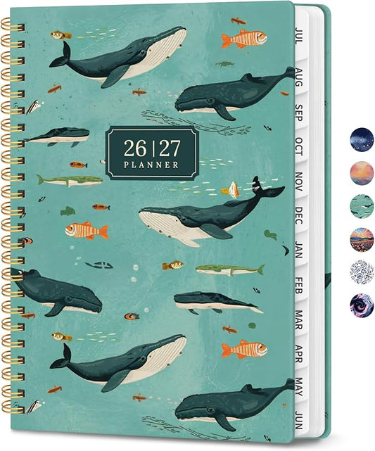 Planner 2026-2027, Monthly and Weekly Calendar Academic Planner July 2026 - June 2027, Hardcover Student Teacher Planning Agenda Book with Tabs, Perfect for Office School Supplies, A5 (6.3" x 8.5") - Depths Whale