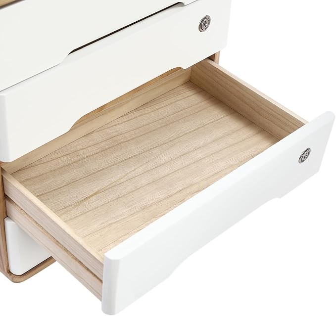 Lockable Desk Organizer Wooden Desktop Drawers Office Flat Files Storage Box Locking Countertop Storage Cabinet (Wood Color + White, 4-Tier)