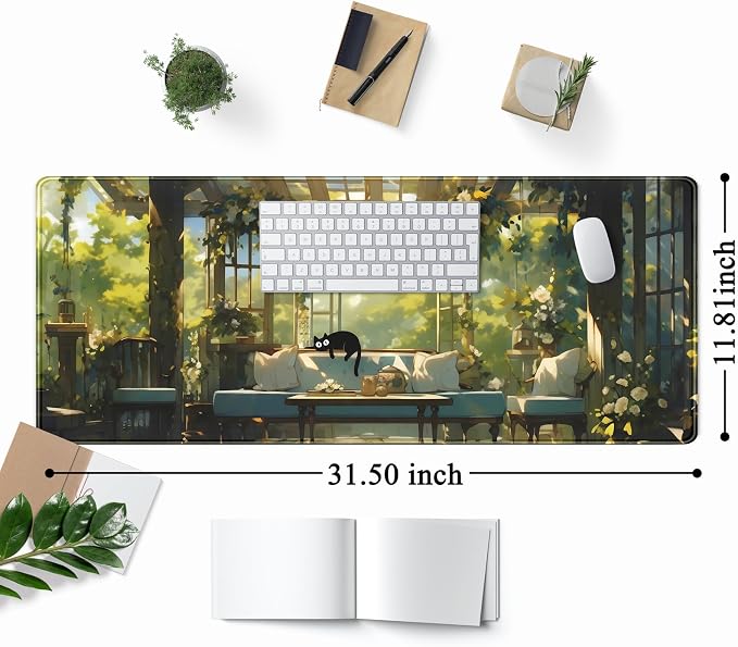 Cute Cat Desk Mat Green Plants Aesthetic Desk Pad Anime Kawaii Gaming Mouse Pad Large Mousepad Extended XL Laptop Keyboard Mouse Mat 31.5"x11.8" with Stitched Edges Non-Slip Rubber Base