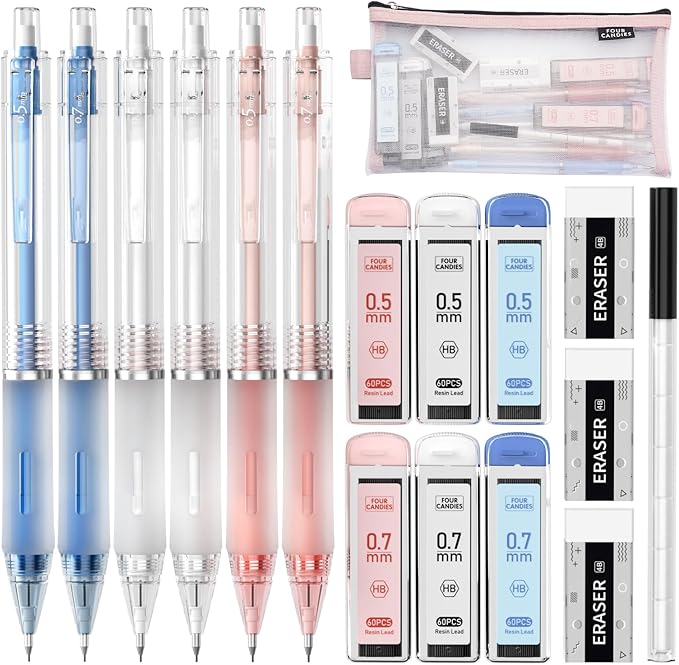 Four Candies Mechanical Pencil Set with Case, 6PCS Aesthetic Mechanical Pencils 0.5 & 0.7mm with 360PCS HB Lead Refills, 12PCS Erasers, Cute Mechanical Pencils for Writing, Drawing and Sketching