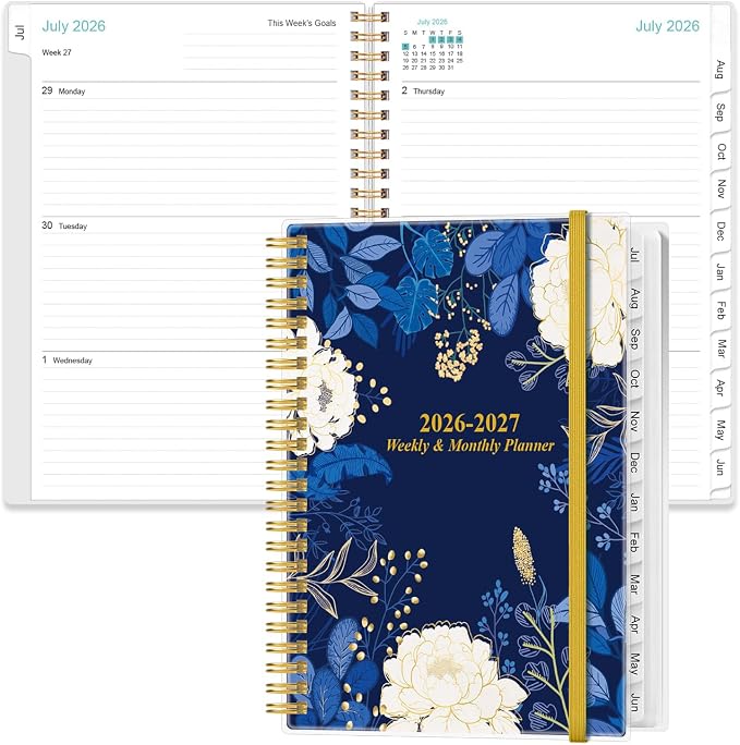 2026-2027 Planner - Planner 2026-2027 from July 2026 - June 2027, Weekly & Monthly Planner Spiral Bound with 12 Monthly Tabs, Inner Pocket, 6.4" x 8.5", Blue Flower