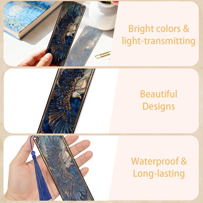 4 Pcs Stained Glass Animal Bookmarks for Women Men, Magic Transparent PVC Bookmark with Tassels, Fantasy Reader Gift, Cool Book Marks Accessories for Reading Lovers Bookish