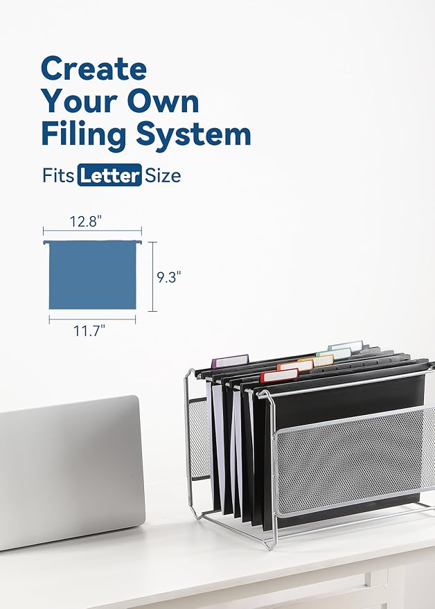 SortRax Plastic Hanging File Folders, Sturdy & Tear-Resistant, Letter Size, 12 Pack with Insertable 1/5-Cut Tabs, Black