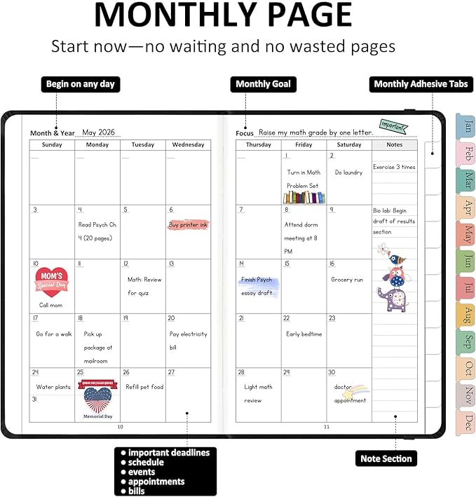 Comkiso Undated Weekly and Monthly Planner with Adhesive Tabs, A5 Dateless Academic Planner for Women & Men Daily Planning, Hardcover Leather All In One Planner for Home School Work Organizer (Black)