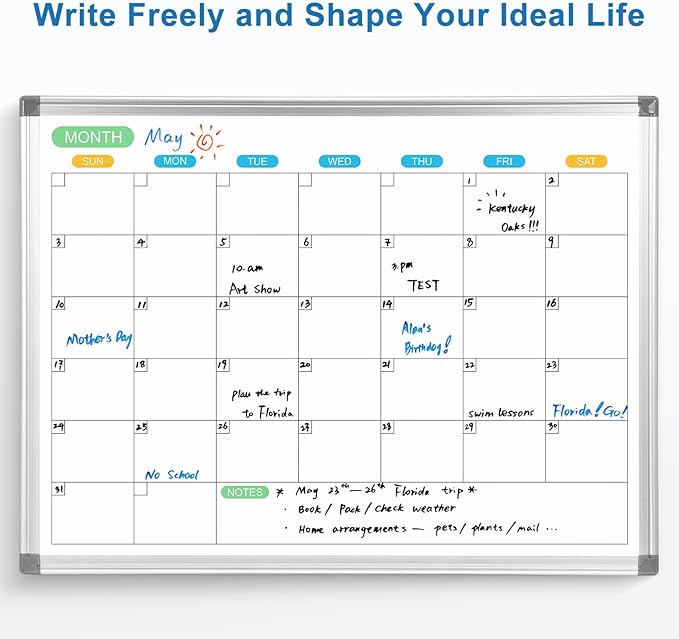 Dry Erase Board Calendar for Wall, 24" x 18" Magnetic Whiteboard Calendar, Monthly Calendar Whiteboard for Wall, Double-Sided Hanging Aluminum Frame White Board for Home, School, Office