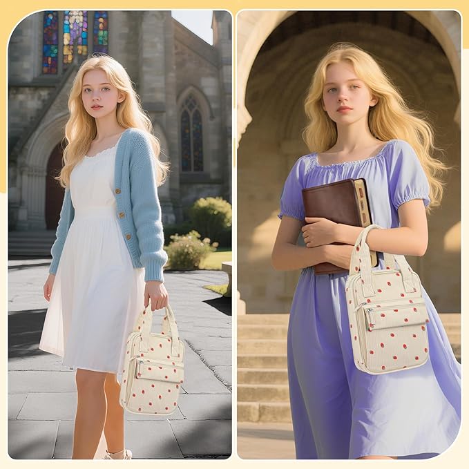 FINPAC Bible Cover Case Tote Bag Water-Resistant Bible Carrying Case Christian Gifts for Church Study Supplies, Corduroy Strawberry