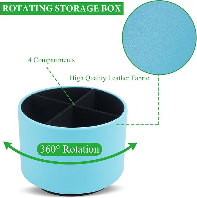 Hennaja Round Leather Art Supply Organizer,Remote Control Holder,360 Degree Spinning,Multi-Functional Pencil Holder,4 Compartments Desktop Stationary Organizer(1-Sheep Blue)