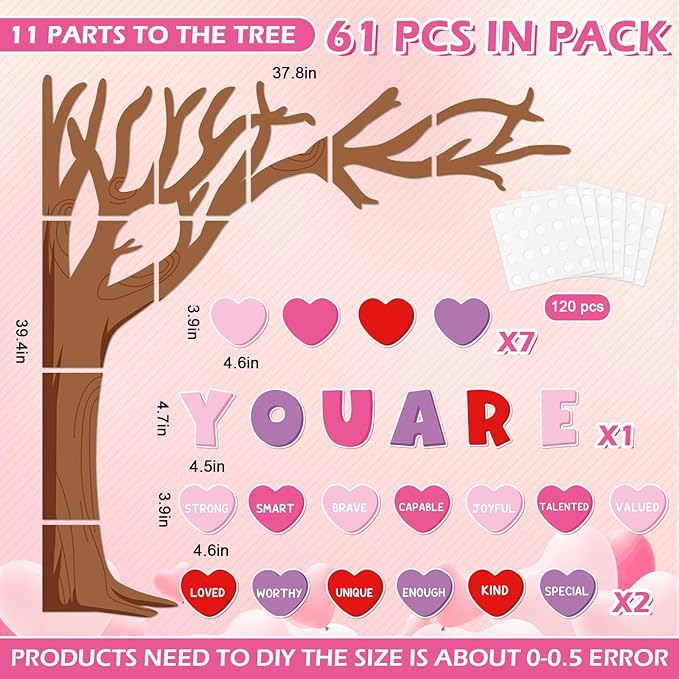 JarThenaAMCS 61Pcs Valentine Classroom Tree Bulletin Board Decorations Red Pink Purple Conversation Heart Cutouts for Classroom School Office Chalkboard Wall Decor