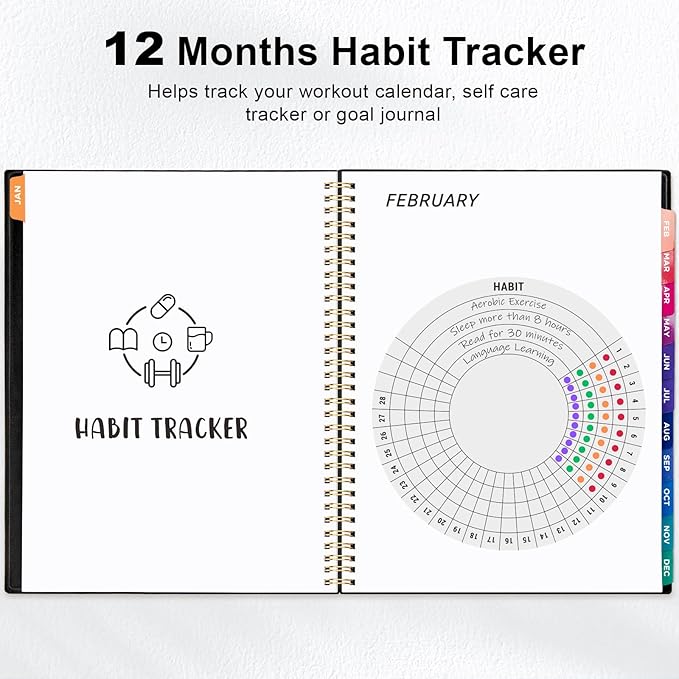 Oucaru 2026 Planner, Weekly and Monthly Planning Calendar, Jan 2026 - Dec 2026, 8.5" x 11", Spiral Bound, 12 Habit Trackers & Monthly Tabs, 2 Storage Pockets, Perfect for Office Home School Supplies