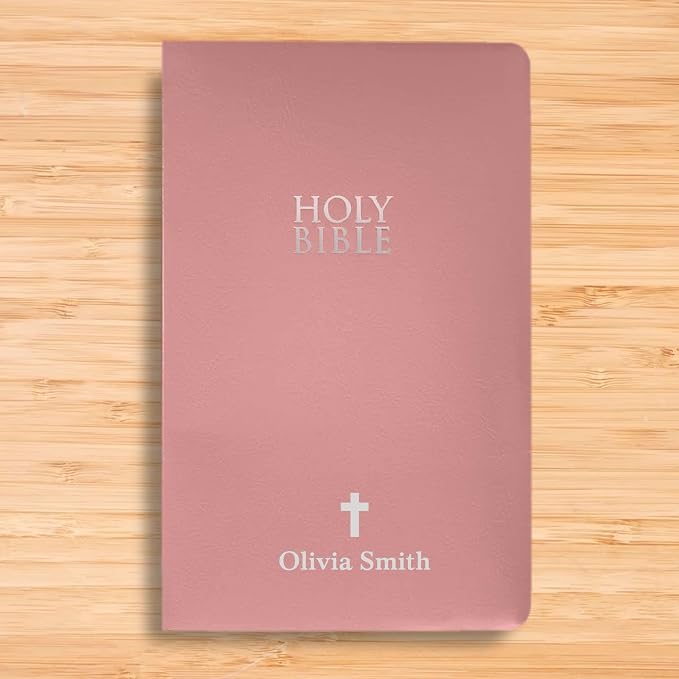 MerchSalad Personalized NIV Bible New International Version Faux Leather Holy Bible with Custom Name SMALL PRINT with Red-Highlighted Verses, Custom Gift for Christian & Religious Celebrations | Pink