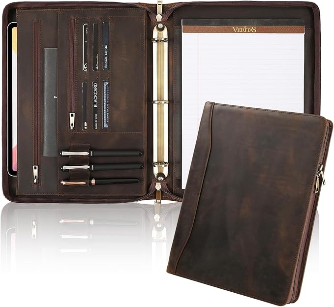 Genuine Leather Portfolio, 3 Ring Binder Padfolio, 11"×14" Padfolio Organizer, Professional Business Portfolio Binder for Men and Women