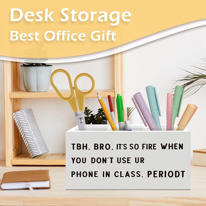 Funny Classroom Pen Pencil Holder, Funny No Phone Sign Desk Accessories, Classroom Rules Wooden Pen Pencil Organizer for Middle High School Office Learning Room Desk Decor