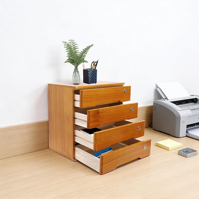 Wooden Desktop Storage Box with Lockable Drawers, Flat File Cabinet Drawer Desktop Storage Box, Countertop Storage Cabinet for Office Home Toiletries Supplies Vanity (Wood yellow, 4 Drawer)
