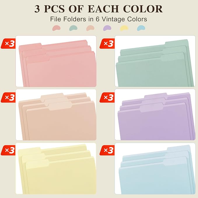 Color File Folders, 1/3-Cut Tabs, 18 Pack File Folder Letter Size, 8.5x11 Inch Manilla folders, 6 Pastel Colors Organizer File Folders for School Home Office Business