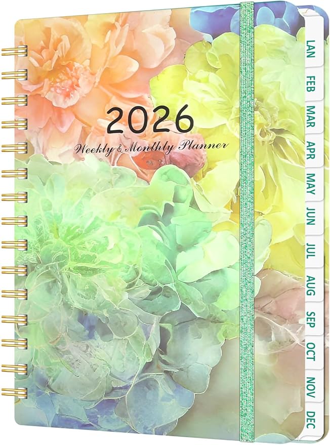 2026 Weekly and Monthly Planner - 2026 Hardcover Calendar Planner, Jan. 2026 - Dec. 2026, Daily Agenda Book with Tabs, Twin-Wire Binding, Back Pocket, School Teacher Student Supplies, A5(6.3" x 8.5") (Spring Flower)