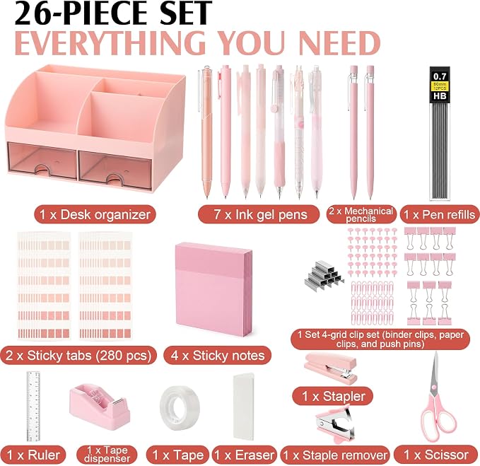 Eersida Office Desk Accessories Supplies, 26 Pcs Desk Organizer with Tape Dispenser, Stapler, Staple, Staple Remover, Scissor, Ruler, Sticky Tabs, Tape, Ballpoint Pen, Pencil, Clips for School(Pink)