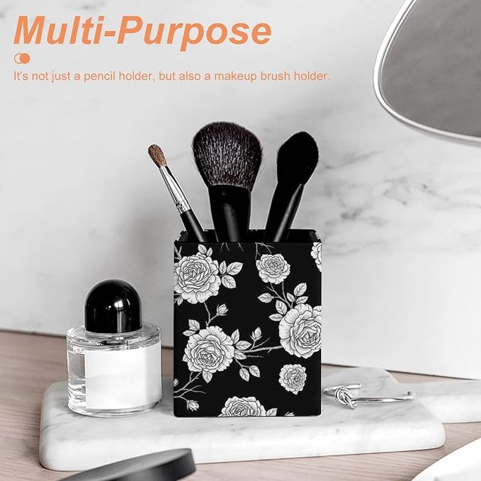 Pen Holder Square Leather Pencil, Holder Cup Makeup Brush Storage Organizer, Waterproof Multifunctional Office Supplies Black Roses Pattern
