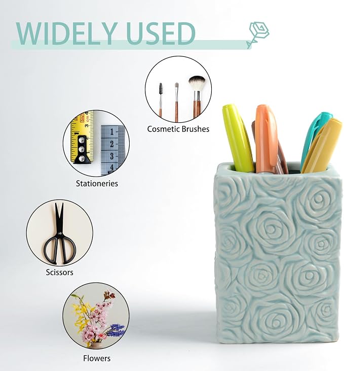 Rose Flower Pen Holder, Ceramic Sculpted Square Pencil Holder, Desk Container Office Decor, Cosmetic Brushes Organizer for Home(Blue)