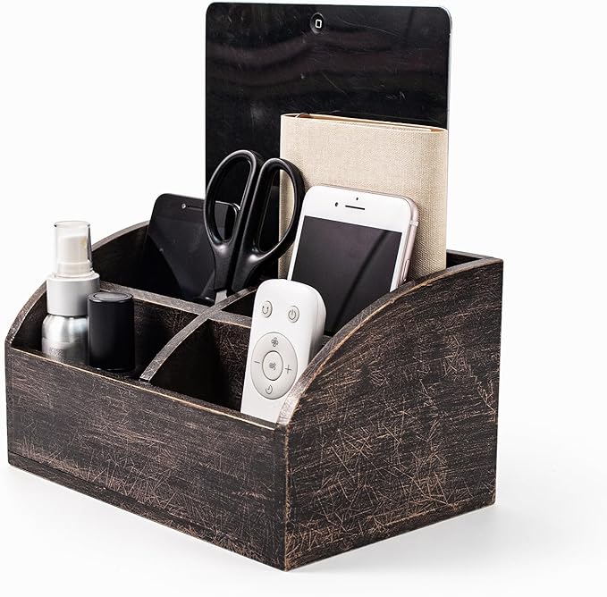 BONNY DODO Remote Control Holders Organizer Box for Table Small Wooden Desk Farmhouse Home Decor Caddy Basket Store Tv Remote for Media Player,Pencil,Glassees&Office Supplies (Bronze, M)