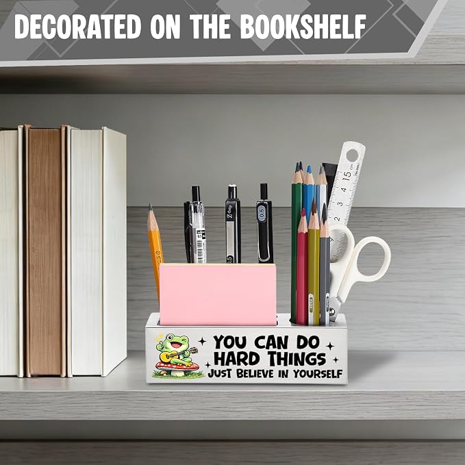 FOKCBOCM Motivational Office Pen Holder with Frog Design, Stainless Steel Desk Organizer Gift for Coworker, Encouragement Workspace Decor, Positive Daily Reminder Desk Accessory-DS119