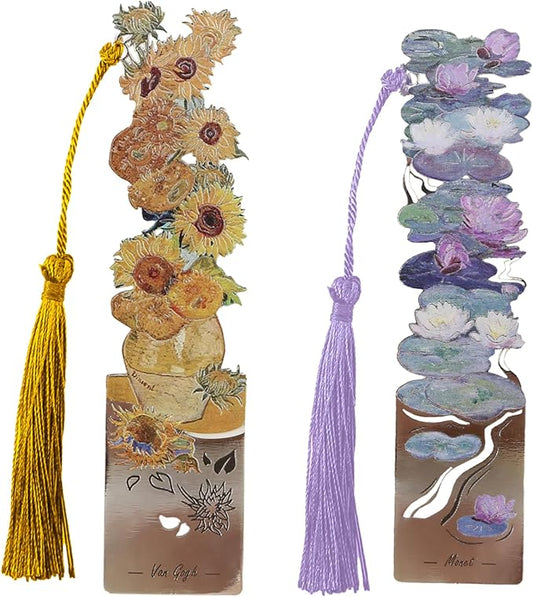 2 PCS Metal Bookmarks with Tassel, Pretty Women's Bookmarks - Water Lilies and Sunflowers Design (BKM-046-001)