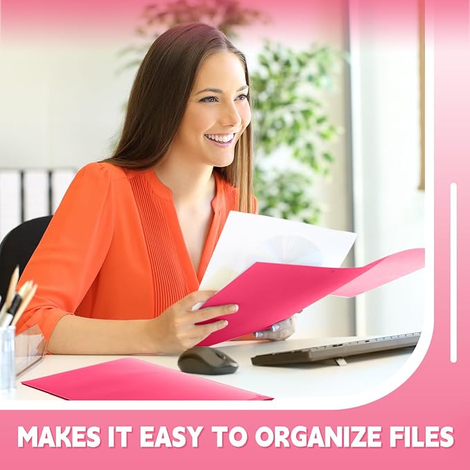 Gueevin 100 Pack Plastic Folder with Pockets, 2 Pocket Folders, Plastic Glossy Folders Fit Letter Size Paper, Heavy Duty Durable File Folder with Business Card for Home Office School (Hot Pink)