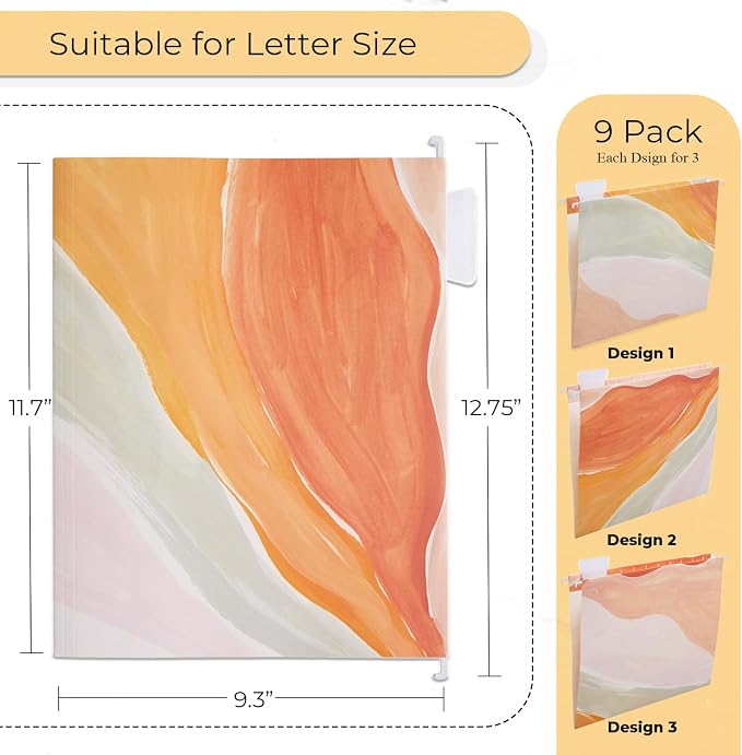 Y YOMA 9 Pack Decorative Hanging File Folders Letter Size Marble Cute Hanging Folder Pretty File Folder Organizer for Filing Cabinet Office Home with 1/5-Cut Adjustable Tabs, 3 Orange Marble Design