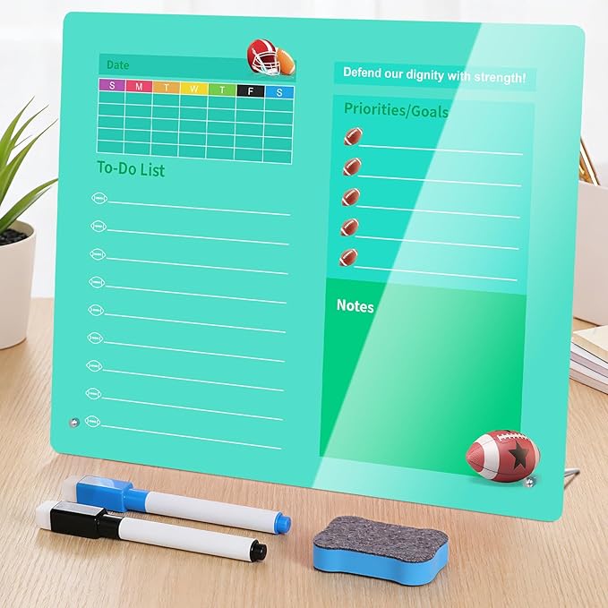 LeMotech Desktop Acrylic Dry Erase Board, 15.7x11.8 inches Weekly & to-Do List Planner, Tabletop Whiteboard with Stand, Office Supplies Includes 2 Markers & 1 Eraser, Green Football Pattern, 1 Pack