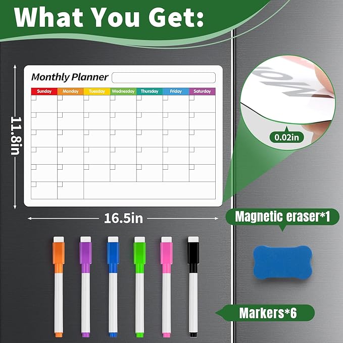 FINDMAG Magnetic Whiteboard for Fridge, 16.5"x11.8" Dry Erase Calendar for Fridge, Monthly White Board Calendar Dry Erase, Planning Boards and Whiteboard Magnetic with 6 Markers & Eraser