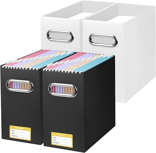 BALEINE File Organizer Box, Cardboard File Folder Organizer with Handle for Letter Size, Portable Collapsible Hanging Filing Box for Home Office Document Storage (4 Pack, Black+White)