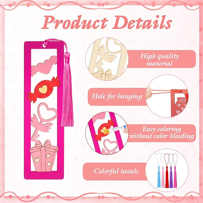Yexiya 100 Pcs/50 Set Valentine's Day Wooden Bookmarks DIY Craft Kit, Love Heart Bookmark Art Set for Classroom, Book Lovers, Birthday Holiday Gifts
