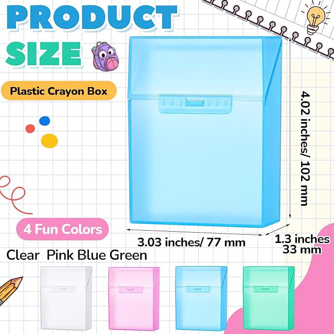 Clabby 12 Pcs Plastic Clear Crayon Box Bulk Holds 24 Crayon With Hinged Lid and Snap Closure for Pens School Office Supply Organization (Pink,Blue,Green,Clear)