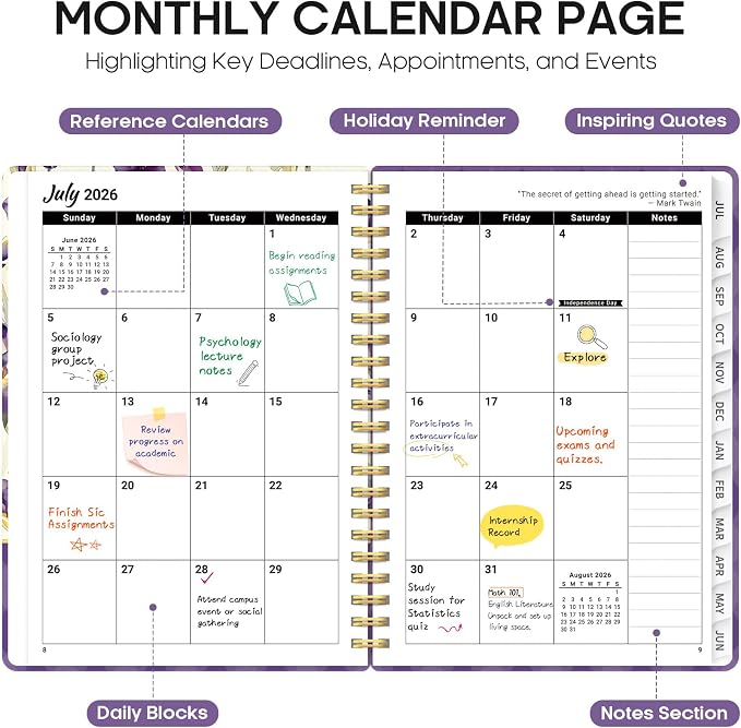 Planner 2026–2027, Academic Year Monthly & Weekly Calendar Book, Jul 2026–Jun 2027, Hardcover Organizer with Tabs, Student & Teacher Planner, 6.3" x 8.5", Purple Iris