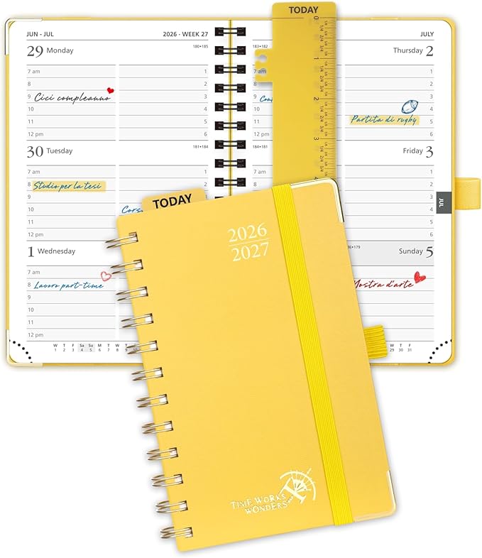 POPRUN Pocket calendar 2026-2027,pocket planner Jul 2026-Jan 2027, 6.5" x 3.5" Small Planner for Purse,Inner-pocket Weekly Planners with Hardcover, Tabs, Ruler, Pen Loop ,Unisex Weekly Planners for Organizing and Office - Light Yellow