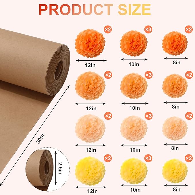 Whaline Fall Classroom Tree Bulletin Board Set 3D Classroom Wall Decor Kit 1 Roll Kraft Paper with 28 Paper Pompoms Glue Points for Autumn Party School Chalkboard Office (Orange,8, 10, 12 Inch)