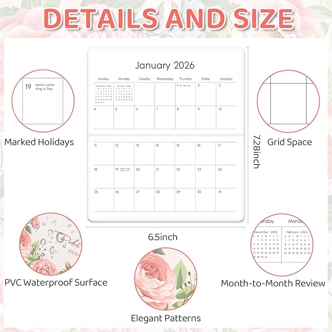 Pocket Calendar 2025-2027, Small Pocket Planner 2026 for Purse, Monthly Planner with Pvc Cover, Small Size (3.5" x 6"), From July 2025 - December 2027 - Pink Flower