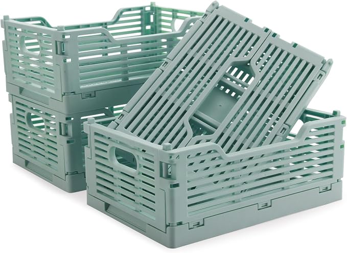 4-Pack Plastic Crates for Storage, Collapsible Storage Crates Stackable, Space-Saving Foldable Crate for Home Kitchen Classroom Office Bedroom Bathroom (8.66''x5.91''x3.54'', Blue)