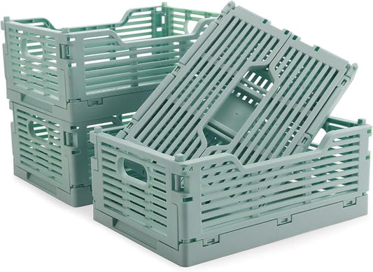 4-Pack Plastic Crates for Storage, Collapsible Storage Crates Stackable, Space-Saving Foldable Crate for Home Kitchen Classroom Office Bedroom Bathroom (8.66''x5.91''x3.54'', Blue)