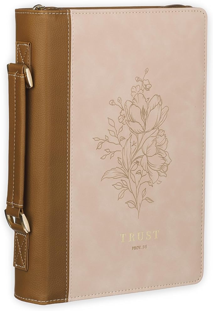 Christian Art Gifts Premium Vegan Leather Inspirational Bible Cover for Women: Trust Encouraging Bible Verse, Easy Carry Zippered Case, Pen Loops, Pockets, Debossed Florals, Pink & Light Brown, Medium