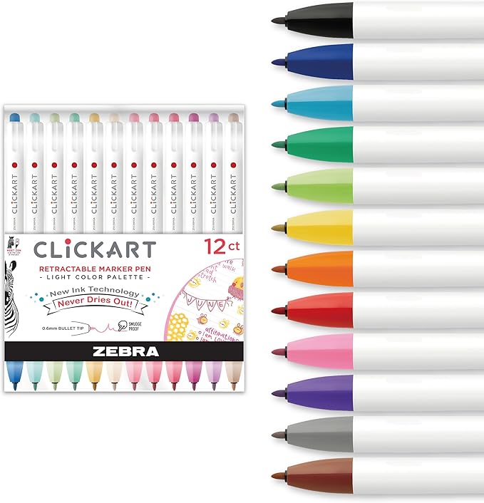 Zebra Pen CLiCKART Retractable Felt Tip Pen, Assorted Light Ink Colors, 0.6mm Fine Point, Moisture Absorbing to Prevent Drying Out, No Bleed, Ideal for Journaling, Drawing and Writing, 12-Pack (69712)