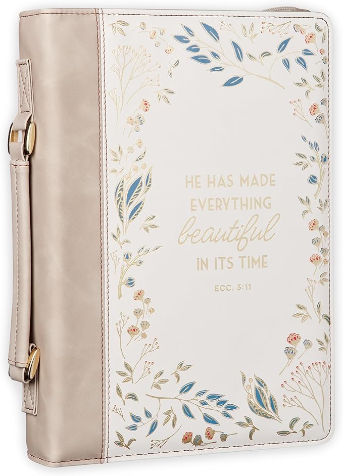 Christian Art Gifts Fashion Premium Vegan Leather Inspirational Bible Cover for Women: Everything Beautiful Encouraging Golden Bible Verse, Pen Loops, Pockets, Taupe & White Multicolor Floral, Medium