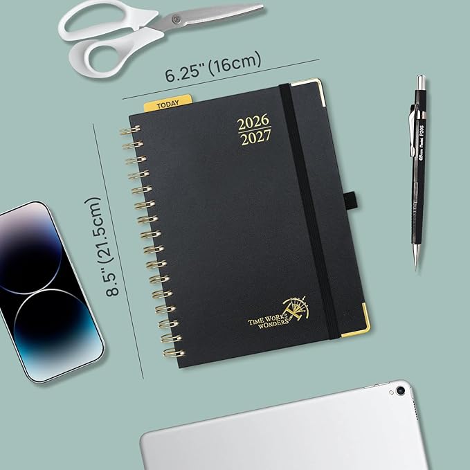 POPRUN 2026-2027 Academic Year Weekly and Monthly Planner Calendar,Jul 2026 - Jun 2027，6.25" x 8.5",Daily Agenda Book & Appointment Book with Hourly Schedule, Tabs, Hardcover, School and Office Supplies - Black