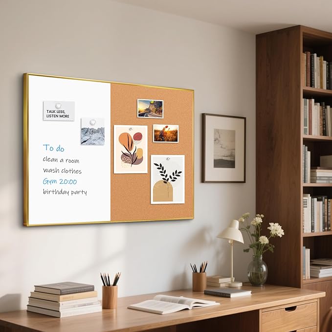 White Board Cork Board Combo, 36'' x 24'', Magnetic Dry Erase Board and Pin Board for Wall, Gold Aluminum Frame Bulletin Board for Home Office School with Accessories